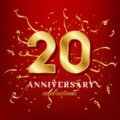 20 golden numbers and anniversary celebrating text with golden confetti spread on a red background