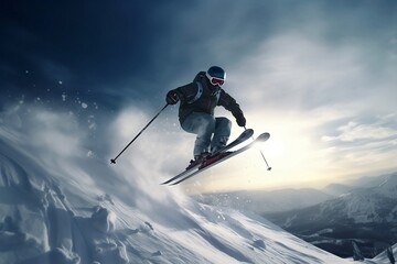 Skifahrer während des Sprungs bei der Abfahrt, AI generiert - obrazy, fototapety, plakaty