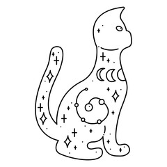 Silhouette of a cute esoteric cat with constellation, lunar phases and stars. Doodle vector illustration, clipart.