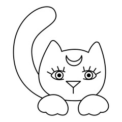 A cute face of a cat with a crescent moon on its forehead. Doodle vector illustration, clipart.