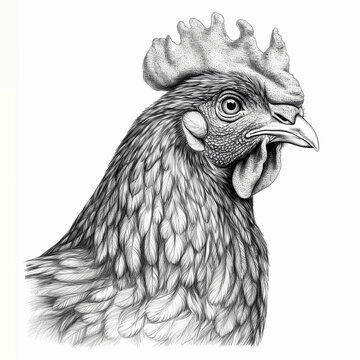 Head of chicken sketch, black and white drawing. Generative AI