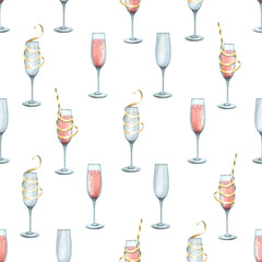 Glasses with pink champagne wine, with cocktail tubes and festive ribbons on a white background. Hand-drawn watercolor illustration. Seamless pattern for packaging, wrapping paper and congratulations