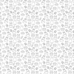 Seamless pattern with cute Easter rabbits and Easter cakes. Doodle vector illustration.