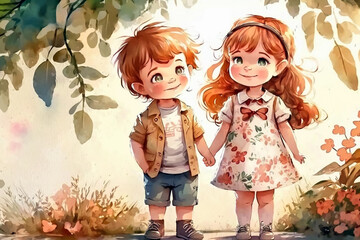 Little boy and girl walking in the summer park. Watercolor painting. Generative AI