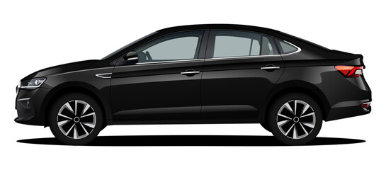 realistic vector black car sedan isolated with gradients, shadow and side view
