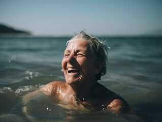 Very happy octogenarian woman bathing in the sea on a summer day. Illustration generated by AI.