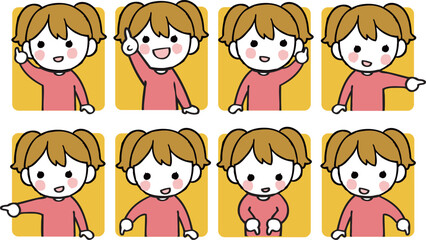 色々な方向を指さす女の子のイラストセット