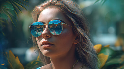 Beautiful woman in sunglasses with reflection created with generative AI technology