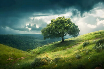 Lone tree on a green hill, stormy sky in background, beautiful light before storm. Created with Generative AI technology.