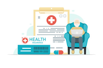 Health insurance card concept, Senior man sit sofa chair typing laptop with insurance card, paper document on isolated background, Digital marketing illustration.