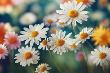 Ravishing wide view scenery of nature background, closeup blooming white daisy bouquet with realistic detail and delicate petals in meadow field during springtime illustration by Generative AI.