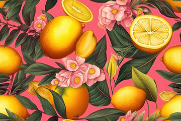 Seamless pattern of yellow lemons on a pink background. Generative AI illustration .