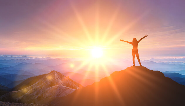 Woman standing at top of mountain as sun begins to set. Success Business Leadership. Goals, hopes and aspirations concept. Female silhouette on sunrise mountain background