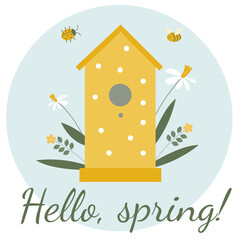 vector spring birdhouse with cute flowers, bugs and bees