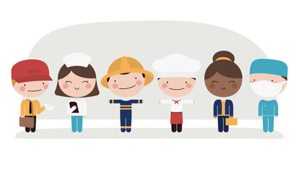 Día del trabajo, conjunto de pictogramas animados de diferentes profesiones. Cartero, enfermera, bombero, mozo, cocinero, abogada, contadora, jueza, oficinista, cirujano,  medico, doctor, trabajadores