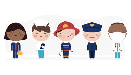 Día del trabajo. Trabajadores: Enfermera, bombero, policía,  doctor, medico, cirujano, contadora, abogada, jueza. Diversidad de personas con diferentes profesiones, empleos, trabajos sobre fondo plano