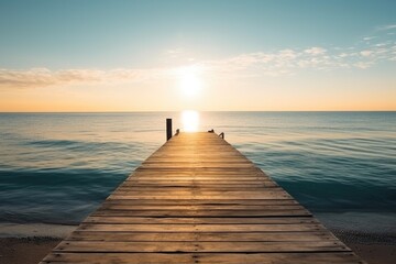 Wooden pier with sunset view into the sea blue. Generative AI