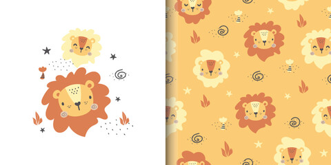 Animal pattern with cute lion, seamless background for kids. Design for kids fashion, fabric, wallpaper, wrapping paper, textile, t-shirt