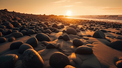 Fototapeta na wymiar Dark stones on sand near sea at sunset. Zen concept. Generative Ai