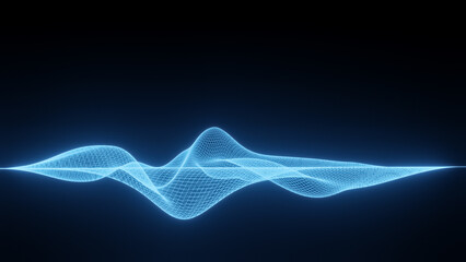 Illustration of abstract blue wireframe sound waves, visualization of frequency signals or audio wavelengths, conceptual futuristic technology waveform background.