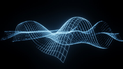 Illustration of abstract blue wireframe sound waves, visualization of frequency signals or audio wavelengths, conceptual futuristic technology waveform background.