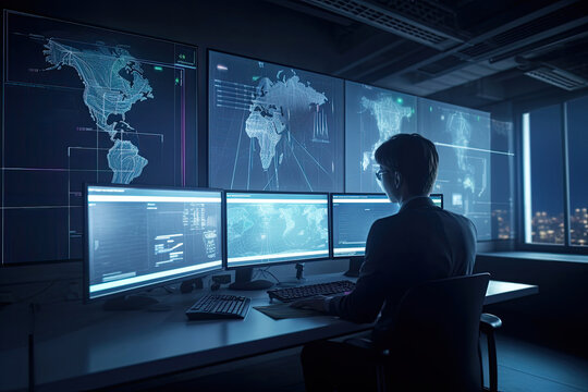 AI generated  illustration Trader doing analysis and trading behind multiple screens showing charts and statistics.