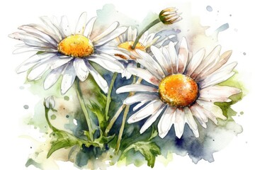 watercolor daisies on a white background. Generative AI