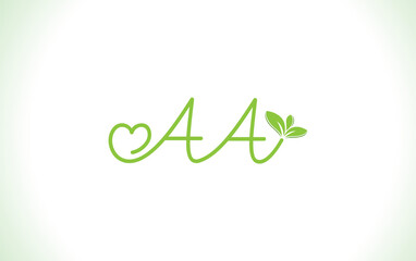 Fototapeta premium Nutrition logo and green healthy love leaf symbol with love font logo design. Heart sign leaf nature logo. Green eco letters logo