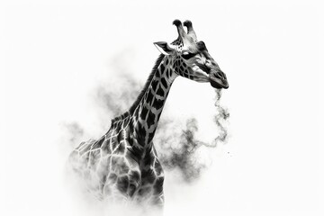Giraffe aus Rauch in schwarz vor weißem Hintergrund, AI geneiert
