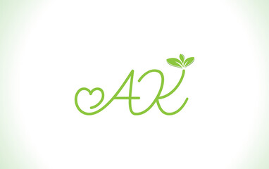 Nutrition logo and green healthy love leaf symbol with love font logo design. Heart sign leaf nature logo. Green eco letters logo