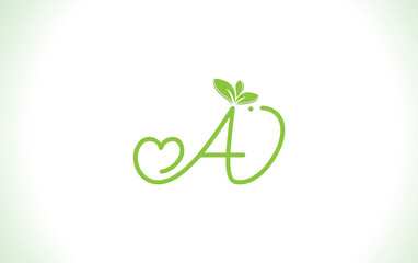 Nutrition logo and green healthy love leaf symbol with love font logo design. Heart sign leaf nature logo. Green eco letters logo