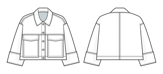 Denim Cropped Jacket with oversized pockets fashion technical drawing template.  Denim jacket technical fashion Illustration, front, and back view, isolated in white, women, CAD mockup set.