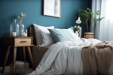 blue modern bedroom | Coloured modern white and blue bedroom with big panoramic window | blue bedroom in apartment | Interior view of luxurious blue bedroom with bed, Generative AI
