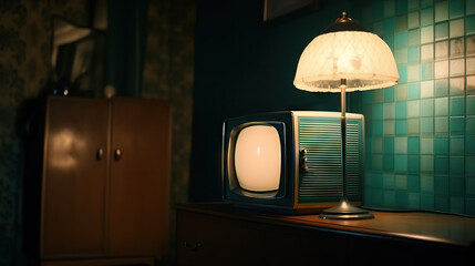 Old-fashioned classic tube TV in a retro living space. Nostalgic home decor in vintage-inspired colors. Based on Generative AI
