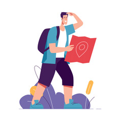 Vector illustration of man tourist traveler holding map and looking far away