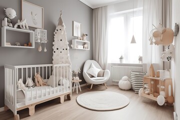 Modern child room interior with comfortable bed and desk | Desk, chair and single bed with bedding in cosy bedroom interior for children, Generative AI