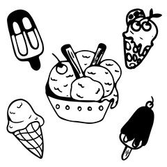 Big set of hand drawn summer doodle with flowers, sunglasses, airplane, cocktails, hat, lifeline, sailboat and ice cream. Vector summer illustrations on white background.