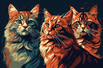 three felines sitting together in a row. Generative AI