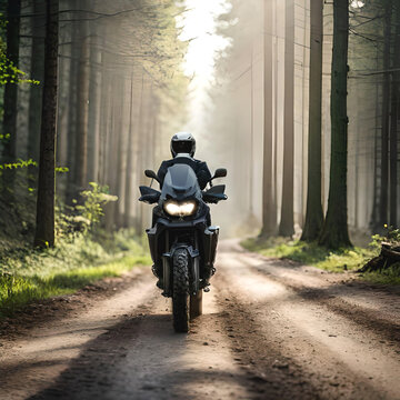 Une moto enduro dans les rayons du soleil dans un sous bois