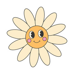 Retro groovy hippie 70s sticker. Cute smiley flower character sticker in trendy retro psychedelic cartoon style.