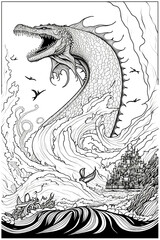 Creature under the sea in outline illustration. Sketch and concept of coloring book. Fit for adult coloring page, cover, tattoo. 
