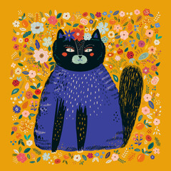 Vector illustration with a cute cat in blooming flowers.