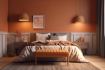 3d render of orange bedroom | Cosy bedroom interior inspired by autumn colors | Modern orange bedroom, Generative AI