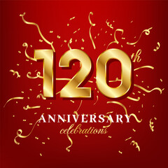 120 golden numbers and anniversary celebrating text with golden confetti spread on a red background