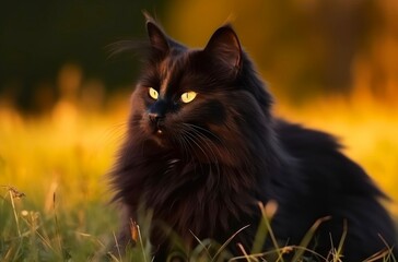 Naklejka na ściany i meble Fluffy black cat is walking outdoor. Generative AI.