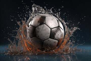 Naklejka premium soccer ball being kicked into a pool of water, creating a splash. Generative AI