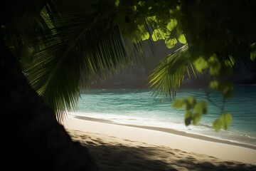 Fototapeta na wymiar Ein Strand im Paradies, mit Palmen und blauem Meer, Urlaub, Entspannen, generative AI