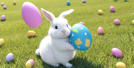 Cute Bunny with Easter Eggs in a field of grass, Good Weather, Landscape. Generative AI
