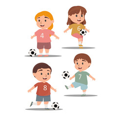 Vector illustration of a set of cute cartoon little girls kicking a football isolated on a white background. young Football players.
