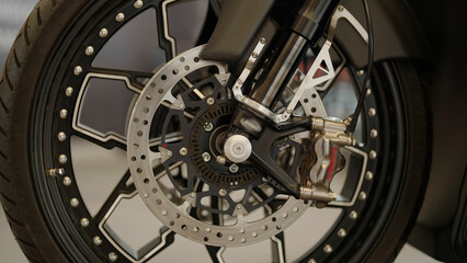 Fototapeta na wymiar Motorbike front brake disk close-up